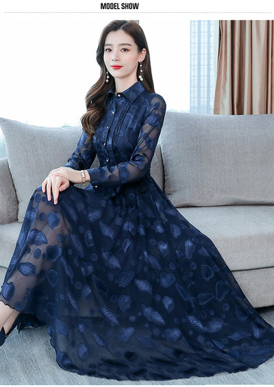Vestido Camisero de Chifón Manga Larga con Solapa - Image 8