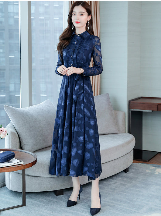 Vestido Camisero de Chifón Manga Larga con Solapa - Image 10
