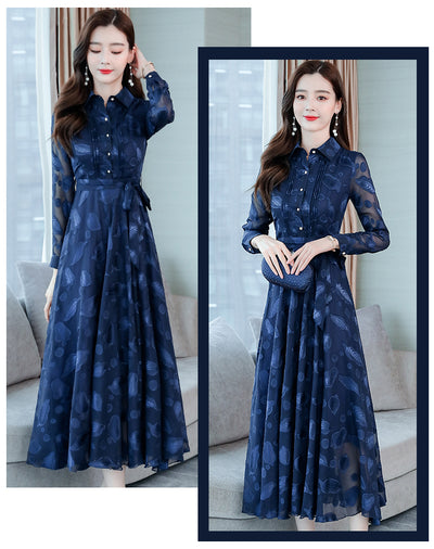 Vestido Camisero de Chifón Manga Larga con Solapa - Image 11