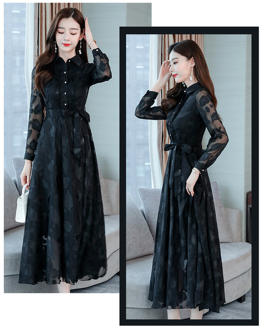 Vestido Camisero de Chifón Manga Larga con Solapa - Image 13
