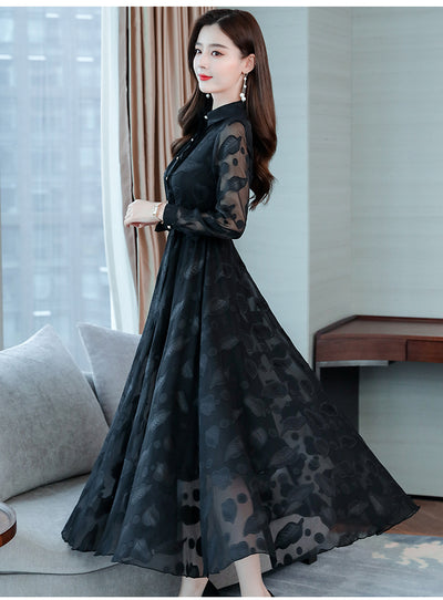Vestido Camisero de Chifón Manga Larga con Solapa - Image 15
