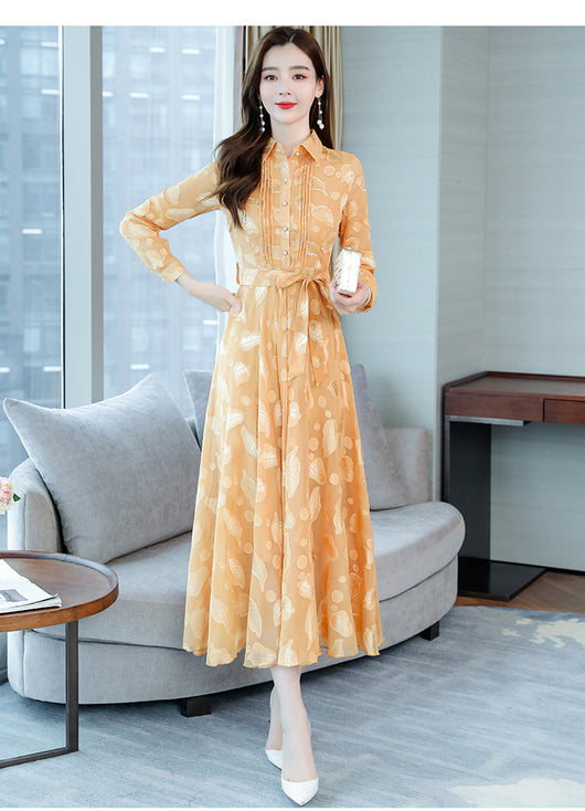 Vestido Camisero de Chifón Manga Larga con Solapa - Image 19