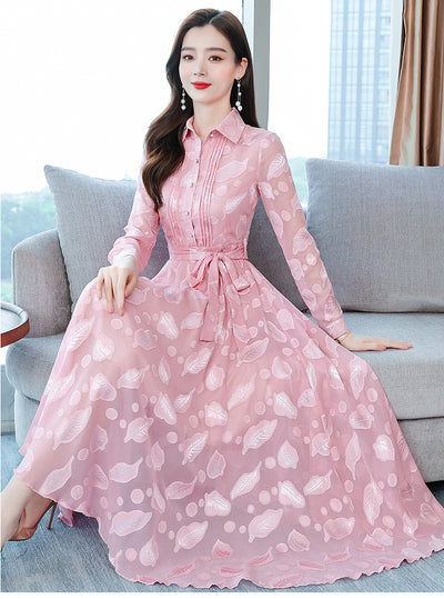 Vestido Camisero de Chifón Manga Larga con Solapa - Image 21