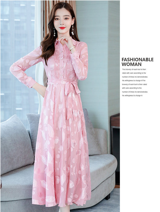 Vestido Camisero de Chifón Manga Larga con Solapa - Image 22