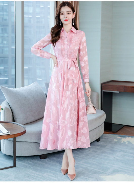 Vestido Camisero de Chifón Manga Larga con Solapa - Image 24