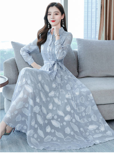 Vestido Camisero de Chifón Manga Larga con Solapa - Image 25