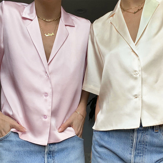 Blusa de Satén con Botones en Colores Sólidos - Estilo Europeo y Americano - Image 10