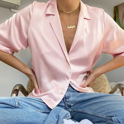 Blusa de Satén con Botones en Colores Sólidos - Estilo Europeo y Americano - Image 12