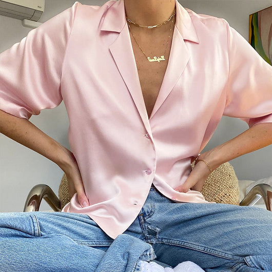 Blusa de Satén con Botones en Colores Sólidos - Estilo Europeo y Americano - Image 12
