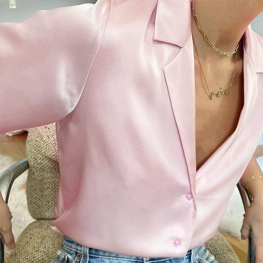 Blusa de Satén con Botones en Colores Sólidos - Estilo Europeo y Americano - Image 16