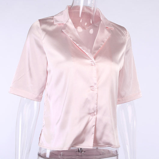 Blusa de Satén con Botones en Colores Sólidos - Estilo Europeo y Americano - Image 22
