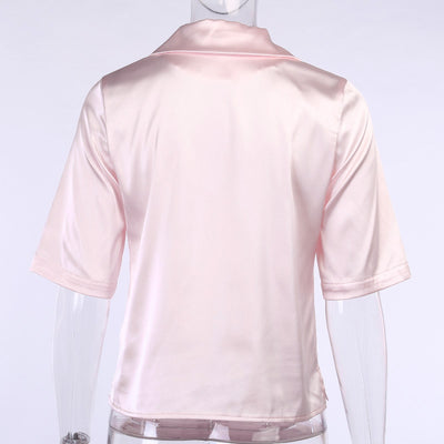 Blusa de Satén con Botones en Colores Sólidos - Estilo Europeo y Americano - Image 23