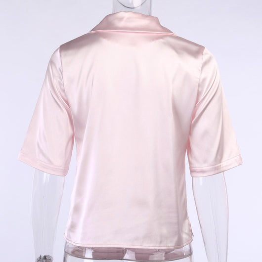 Blusa de Satén con Botones en Colores Sólidos - Estilo Europeo y Americano - Image 23