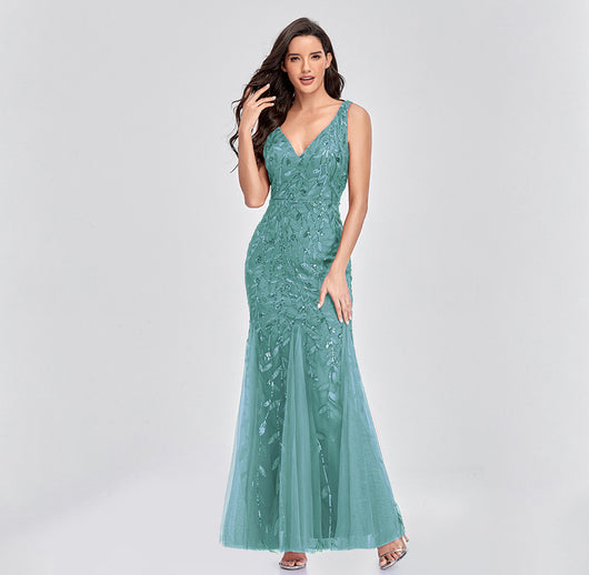 Vestido Largo Elegante sin Mangas con Escote V y Lentejuelas Bordadas - Image 15