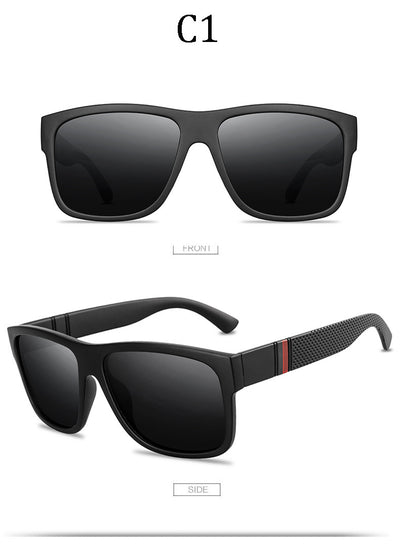 Men's grey plastic frame driving sunglasses with dark polarized lenses and red and black stripe detail on temples. - Image 15
