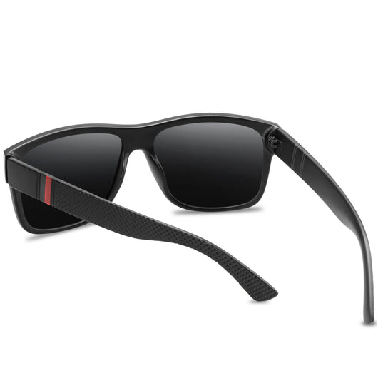 Men's grey plastic frame driving sunglasses with dark polarized lenses and red and black stripe detail on temples. - Image 16
