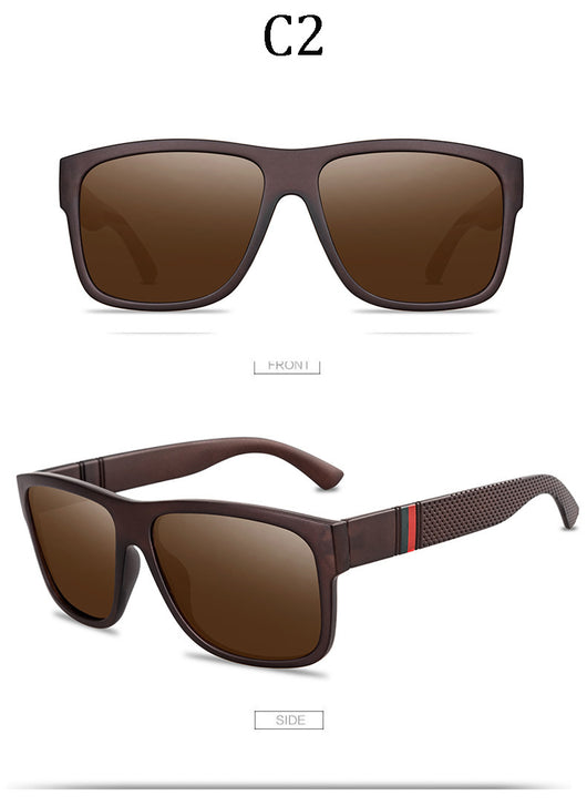 Men's grey plastic frame driving sunglasses with dark polarized lenses and red and black stripe detail on temples. - Image 17