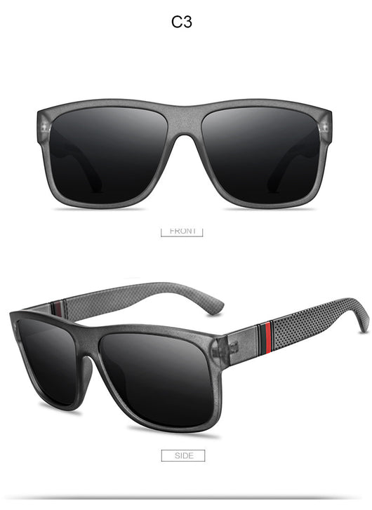 Men's grey plastic frame driving sunglasses with dark polarized lenses and red and black stripe detail on temples. - Image 18