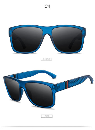 Men's grey plastic frame driving sunglasses with dark polarized lenses and red and black stripe detail on temples. - Image 19
