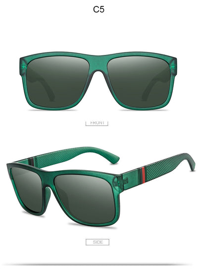 Men's grey plastic frame driving sunglasses with dark polarized lenses and red and black stripe detail on temples. - Image 20