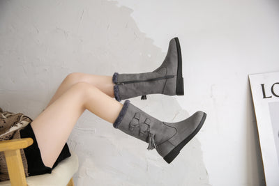 Botas Cálidas de Flecos y Terciopelo con Tacón Plano para Mujer - Image 9