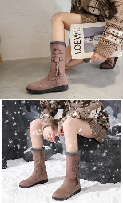 Botas Cálidas de Flecos y Terciopelo con Tacón Plano para Mujer - Image 11