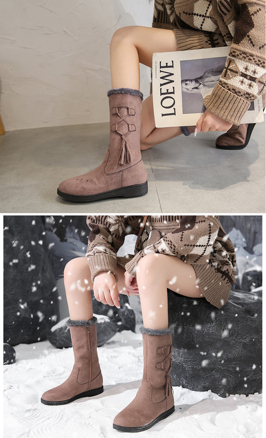 Botas Cálidas de Flecos y Terciopelo con Tacón Plano para Mujer - Image 11