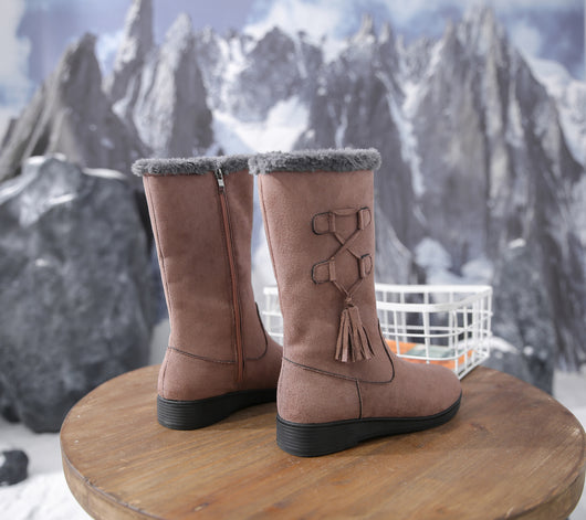Botas Cálidas de Flecos y Terciopelo con Tacón Plano para Mujer - Image 12