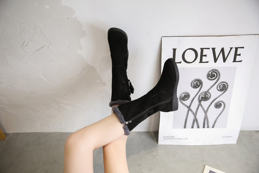 Botas Cálidas de Flecos y Terciopelo con Tacón Plano para Mujer - Image 16