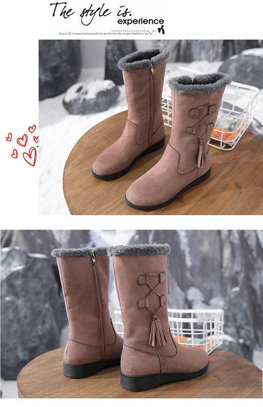 Botas Cálidas de Flecos y Terciopelo con Tacón Plano para Mujer - Image 17