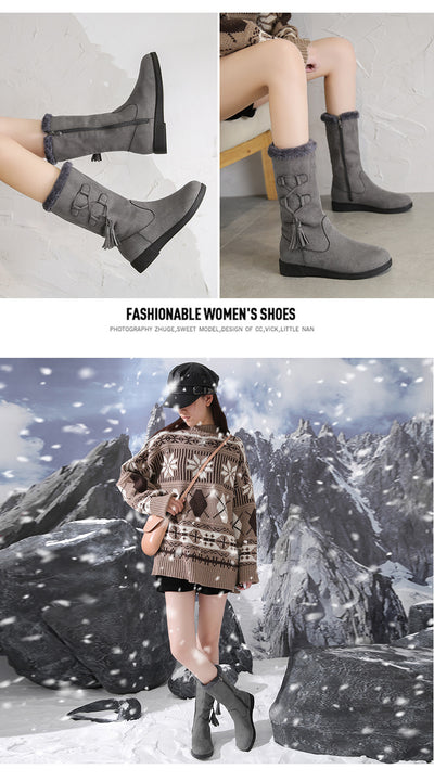 Botas Cálidas de Flecos y Terciopelo con Tacón Plano para Mujer - Image 21