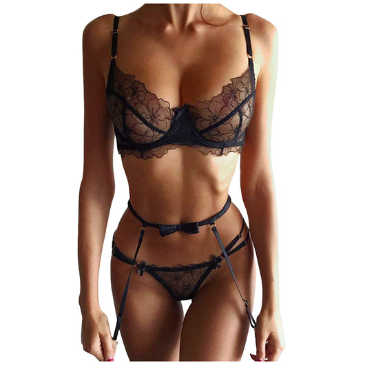 Conjunto de Lencería Sexy de Tres Piezas con Encaje y Liguero - Image 14