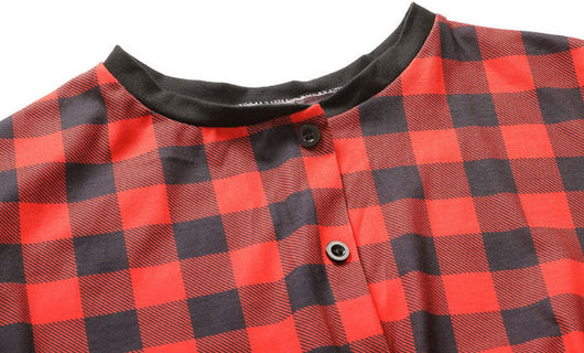 Red and black buffalo plaid baby romper with long sleeves, snap front closure, and black ribbed cuffs and collar. - Image 17