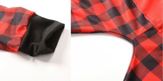 Red and black buffalo plaid baby romper with long sleeves, snap front closure, and black ribbed cuffs and collar. - Image 19