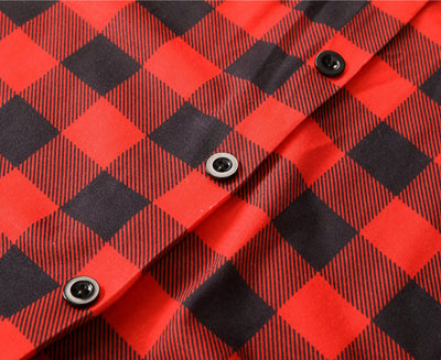 Red and black buffalo plaid baby romper with long sleeves, snap front closure, and black ribbed cuffs and collar. - Image 20