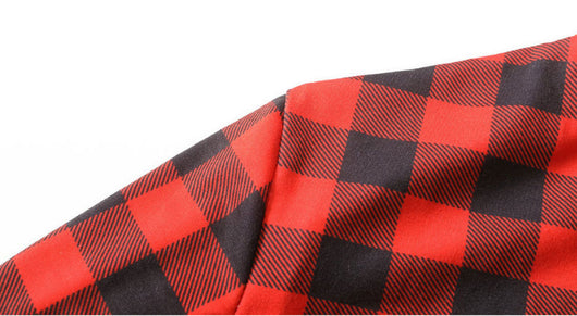 Red and black buffalo plaid baby romper with long sleeves, snap front closure, and black ribbed cuffs and collar. - Image 21