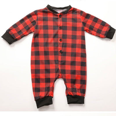 Red and black buffalo plaid baby romper with long sleeves, snap front closure, and black ribbed cuffs and collar. - Image 22