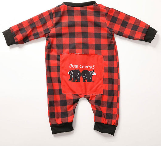 Red and black buffalo plaid baby romper with long sleeves, snap front closure, and black ribbed cuffs and collar. - Image 23