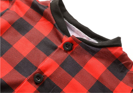 Red and black buffalo plaid baby romper with long sleeves, snap front closure, and black ribbed cuffs and collar. - Image 24