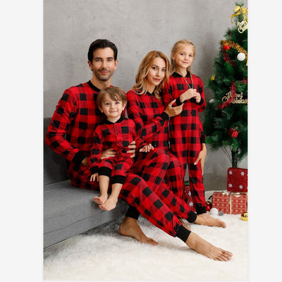 Red and black buffalo plaid baby romper with long sleeves, snap front closure, and black ribbed cuffs and collar. - Image 26