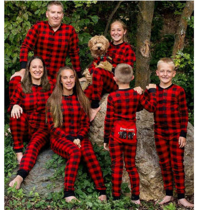 Red and black buffalo plaid baby romper with long sleeves, snap front closure, and black ribbed cuffs and collar. - Image 28