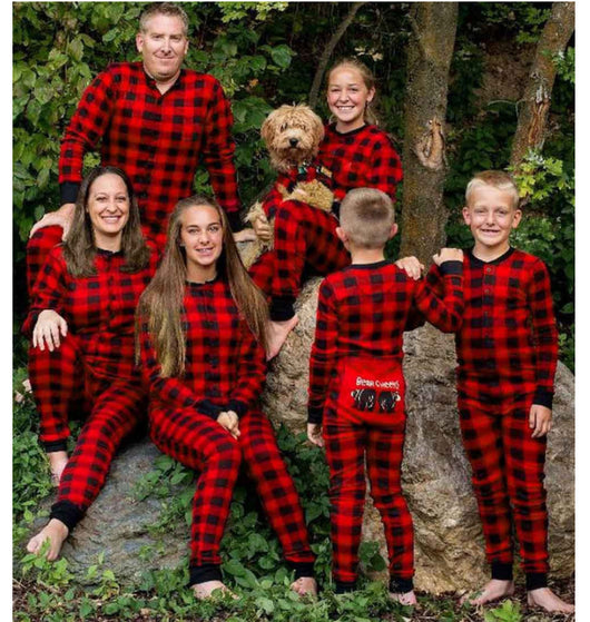 Red and black buffalo plaid baby romper with long sleeves, snap front closure, and black ribbed cuffs and collar. - Image 28
