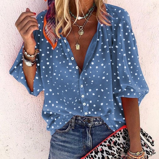 Blusa Estampada de Manga Larga con Cuello en V y Botones para Mujer - Image 13