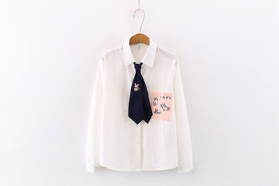 Camisa Blanca de Algodón con Gato Adorable en Estilo Escuela de Arte Japonesa - Image 6