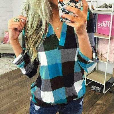 Camiseta a Cuadros con Cuello en V y Mangas Largas - Image 10