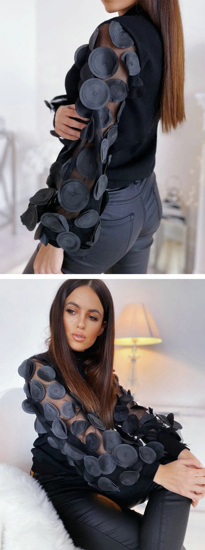 Blusa Elegante Cuello Alto con Mangas Abullonadas en Mesh - Image 6