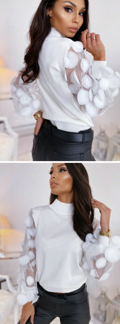 Blusa Elegante Cuello Alto con Mangas Abullonadas en Mesh - Image 7