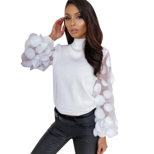 Blusa Elegante Cuello Alto con Mangas Abullonadas en Mesh - Image 10