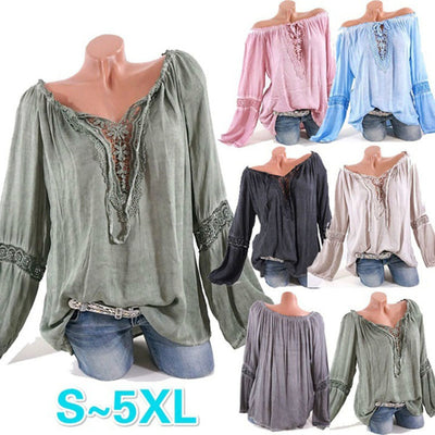 Blusa Asimétrica de Algodón y Lino con Encaje de Manga Larga - Image 3