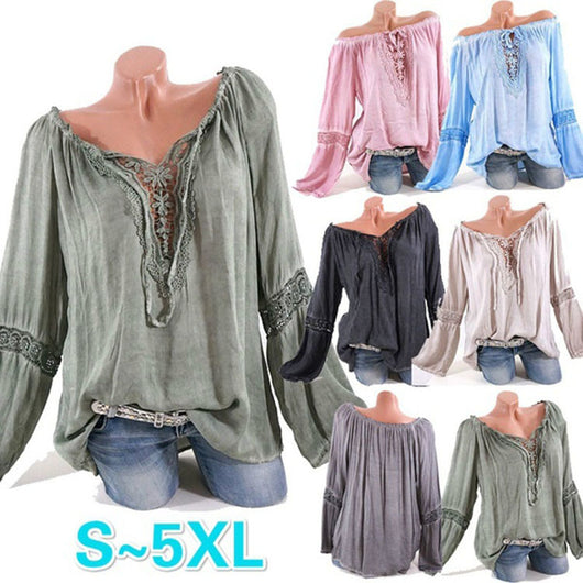Blusa Asimétrica de Algodón y Lino con Encaje de Manga Larga - Image 3